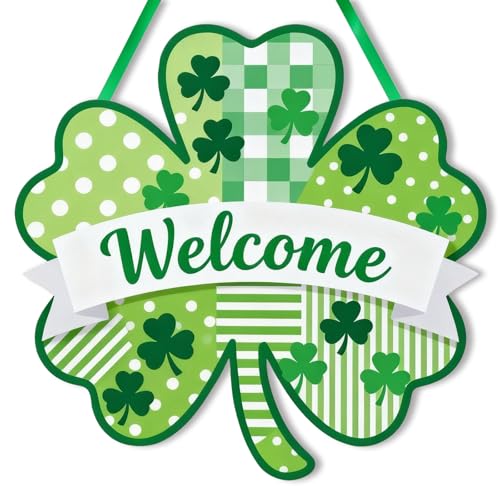 JEVUVU St. Patrick's Day Wooden Welcome Sign, Rustic Shamrock Door Hanger with Striped Plaid Polka Dot Patterns & Rounded Edges for Farmhouse Indoor Outdoor Decor - Image 1
