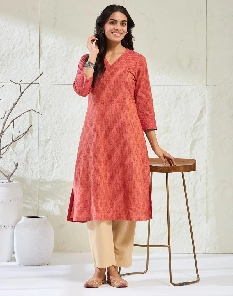 فاب انديا Orange Cotton Hand Block Print Slim Fit Long Kurta