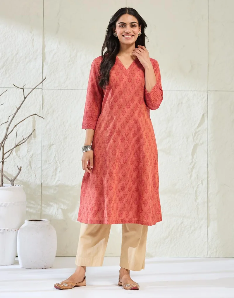 فاب انديا Orange Cotton Hand Block Print Slim Fit Long Kurta