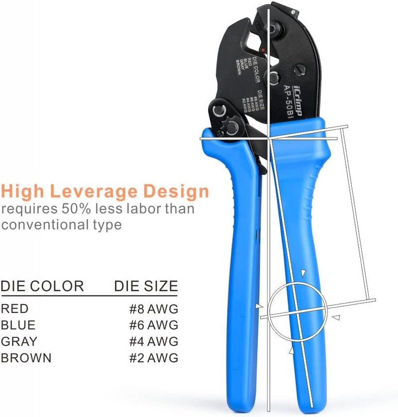 IWISS iCrimp AP-50BI Battery Cable Ring Terminal Crimper for 8, 6, 4, 2AWG Copper Cable Lugs, Heavy Duty Wire Lugs and Battery Cable Ends - Image 4