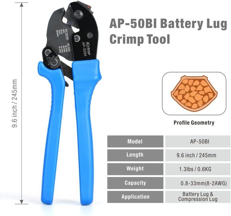IWISS iCrimp AP-50BI Battery Cable Ring Terminal Crimper for 8, 6, 4, 2AWG Copper Cable Lugs, Heavy Duty Wire Lugs and Battery Cable Ends - Image 2