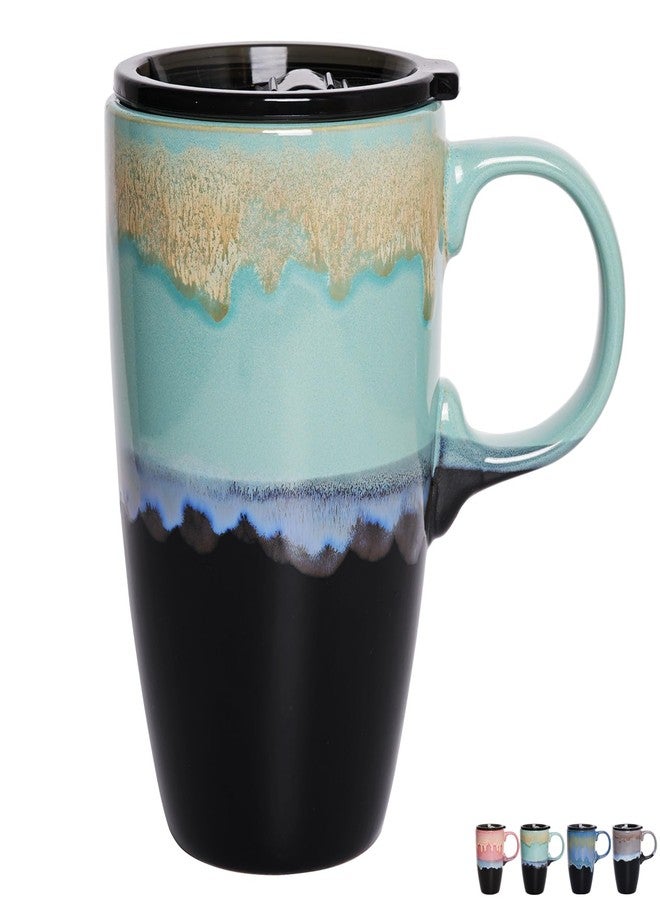 Bosmarlin Ceramic Travel Coffeel Mug with Handle and Lid, 18 oz, Portable Coffee Cup for Car Cup Holder, Microwave and Dishwasher Safe, Reactive Glaze (Pastel Blue) - Image 1