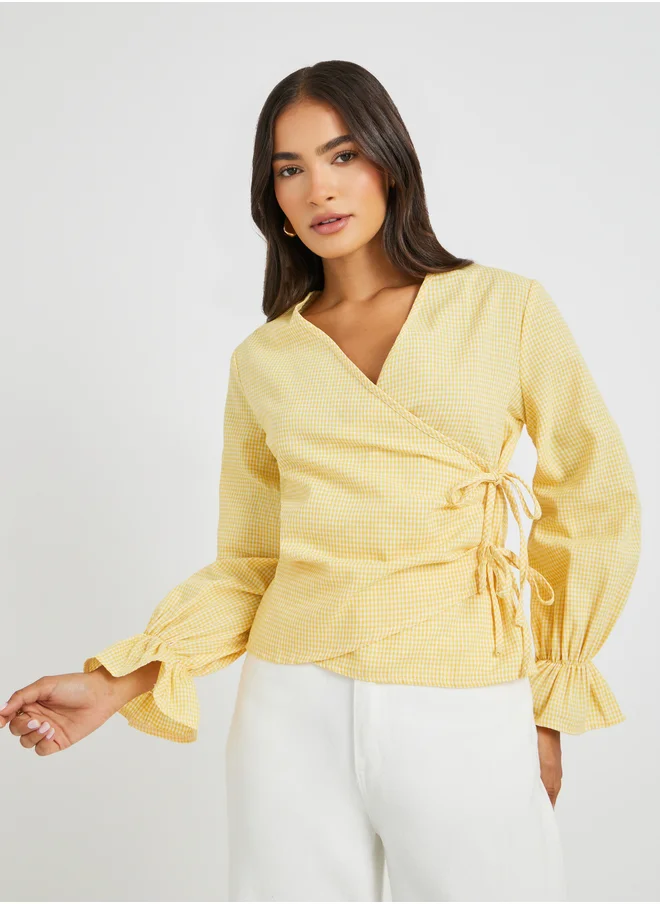 Styli Gingham Print Wrap Top with Tie-Up Detail