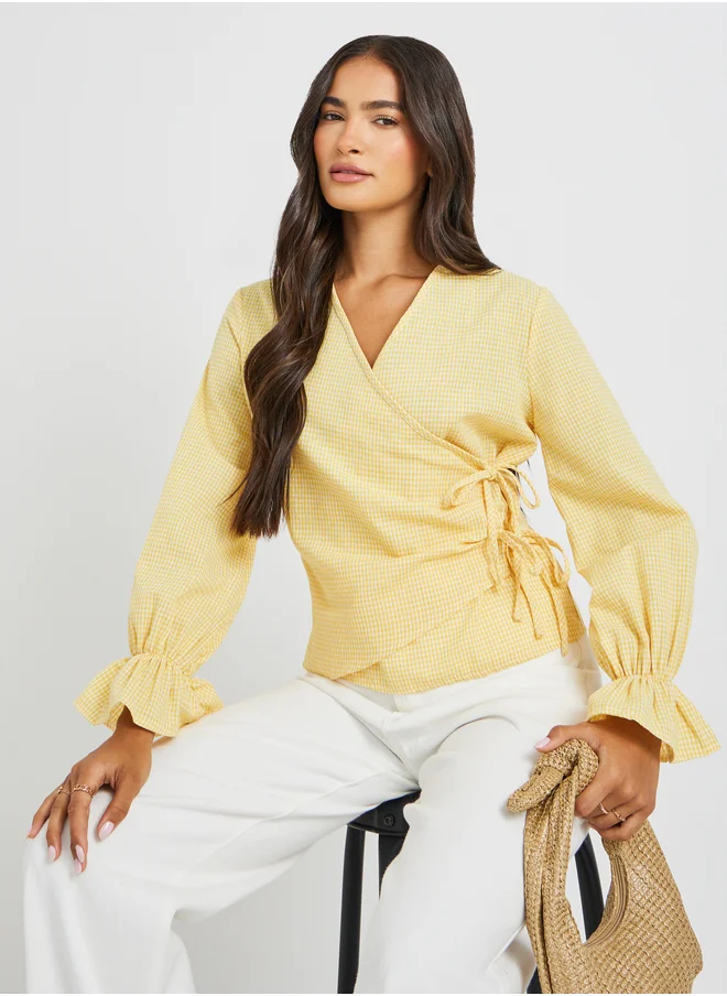 Styli Gingham Print Wrap Top with Tie-Up Detail