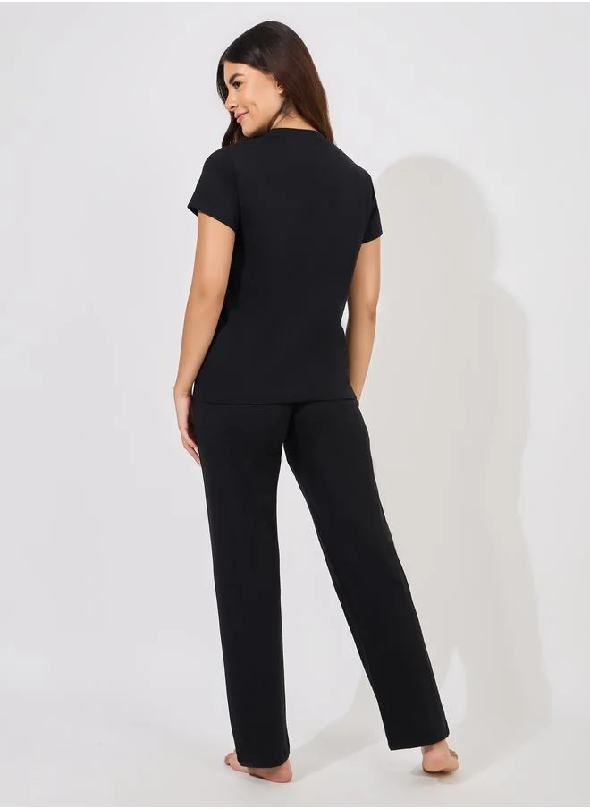 Styli Solid Cotton T-Shirt & Pyjama Set