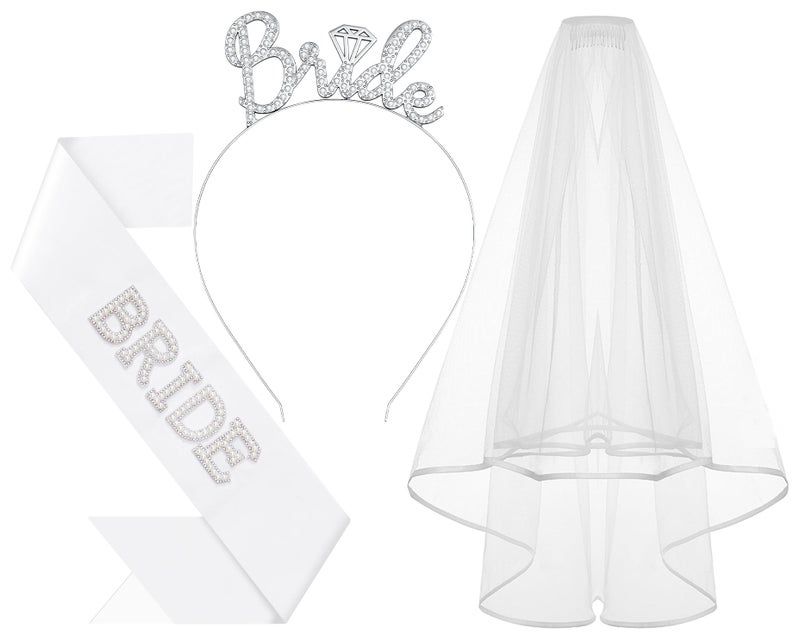 Papoopy 3Pcs Bride to Be Headband with Sash and Veil for Bachelorette Party Decorations, Bridal Shower Accessories for Gift, Favors - Silver - Image 1