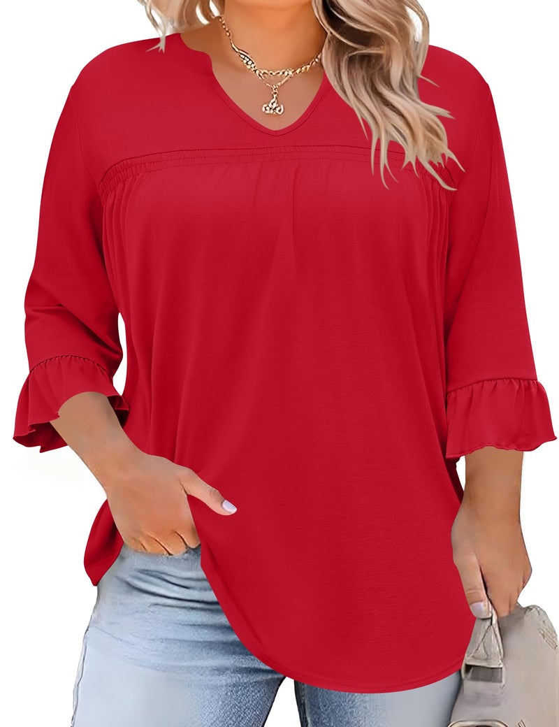 TFSDOD Womens V Neck Shirts Plus Size 3/4 Sleeve Tunic Tops Solid Blouses Fashion 2025 Trendy Red - Image 1