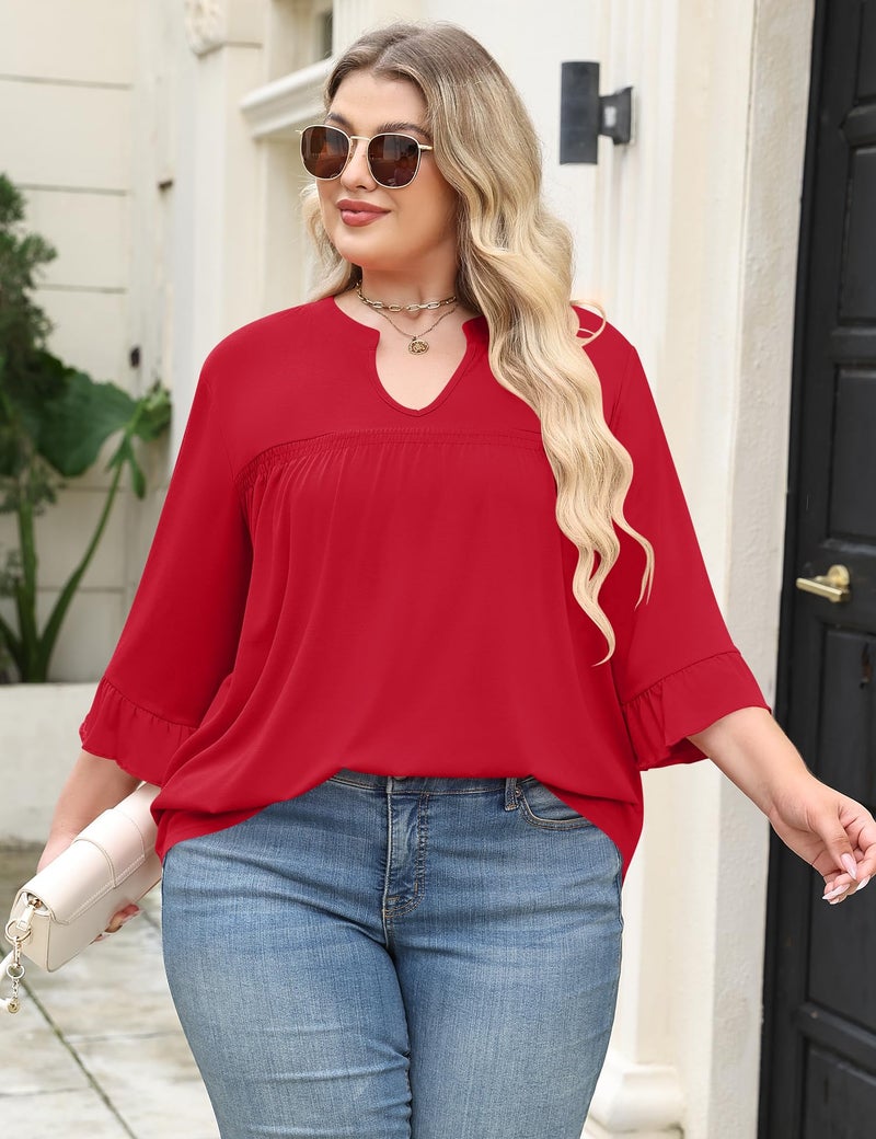 TFSDOD Womens V Neck Shirts Plus Size 3/4 Sleeve Tunic Tops Solid Blouses Fashion 2025 Trendy Red - Image 5