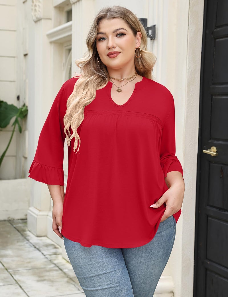 TFSDOD Womens V Neck Shirts Plus Size 3/4 Sleeve Tunic Tops Solid Blouses Fashion 2025 Trendy Red - Image 4