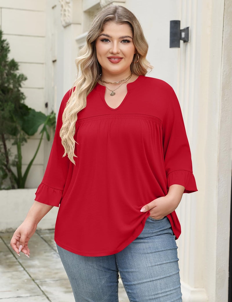TFSDOD Womens V Neck Shirts Plus Size 3/4 Sleeve Tunic Tops Solid Blouses Fashion 2025 Trendy Red - Image 2