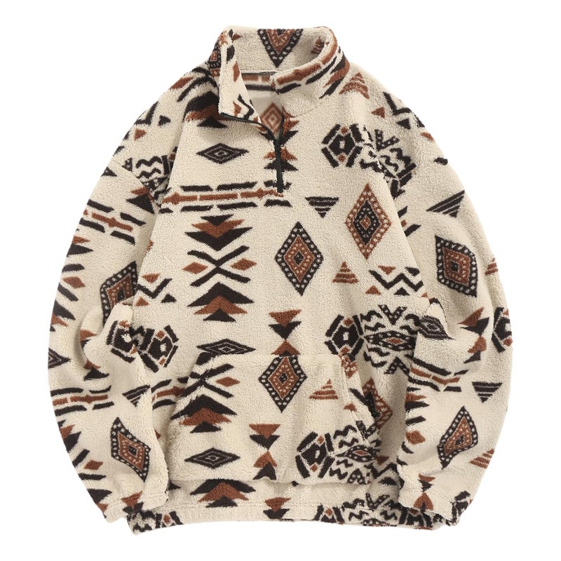 ZAFUL Mens Vintage Black Sweatshirt Quarter Zip Pullover with Pocket Oversized Fleece Unisex Western Aztec Faux Fur Sherpa Top (XL Beige) - Image 1