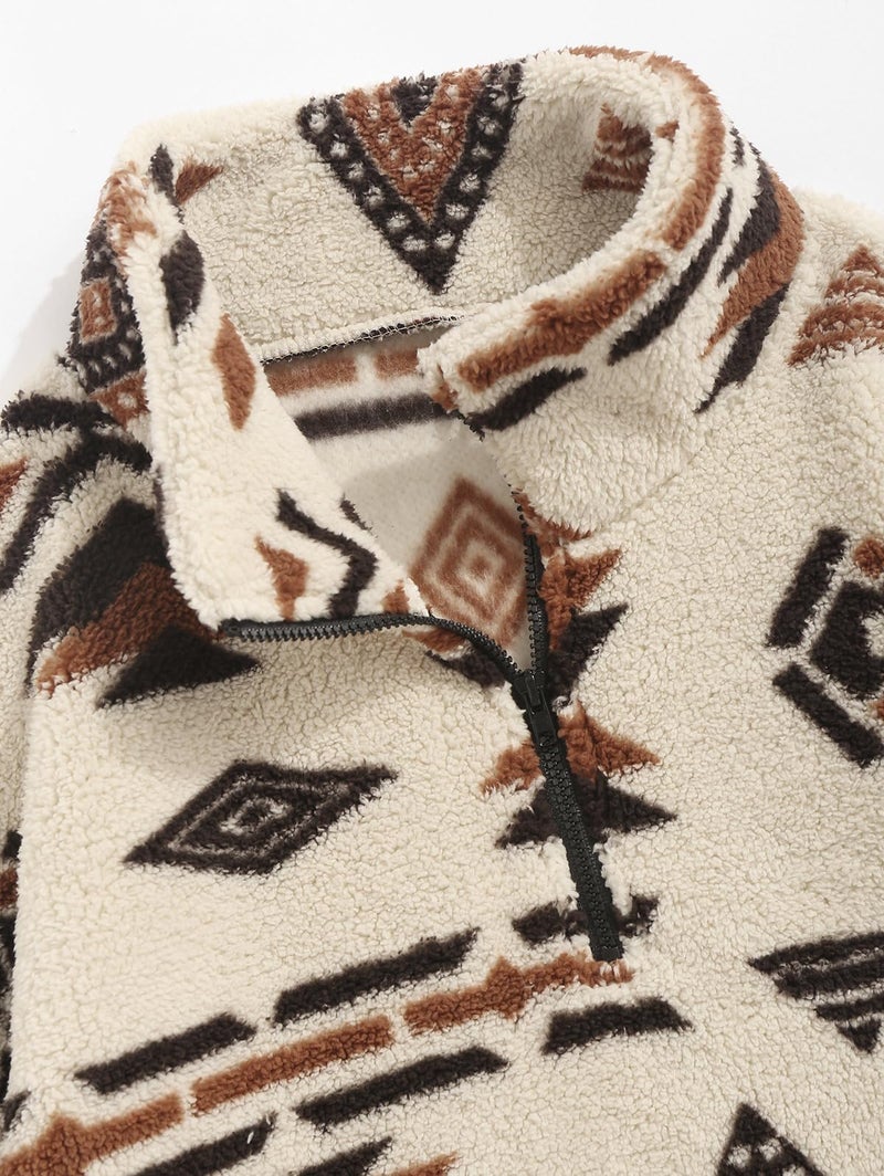 ZAFUL Mens Vintage Black Sweatshirt Quarter Zip Pullover with Pocket Oversized Fleece Unisex Western Aztec Faux Fur Sherpa Top (XL Beige) - Image 3