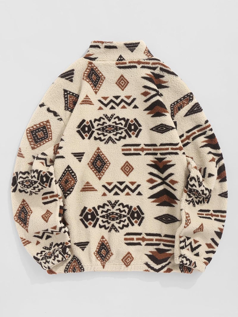 ZAFUL Mens Vintage Black Sweatshirt Quarter Zip Pullover with Pocket Oversized Fleece Unisex Western Aztec Faux Fur Sherpa Top (XL Beige) - Image 2