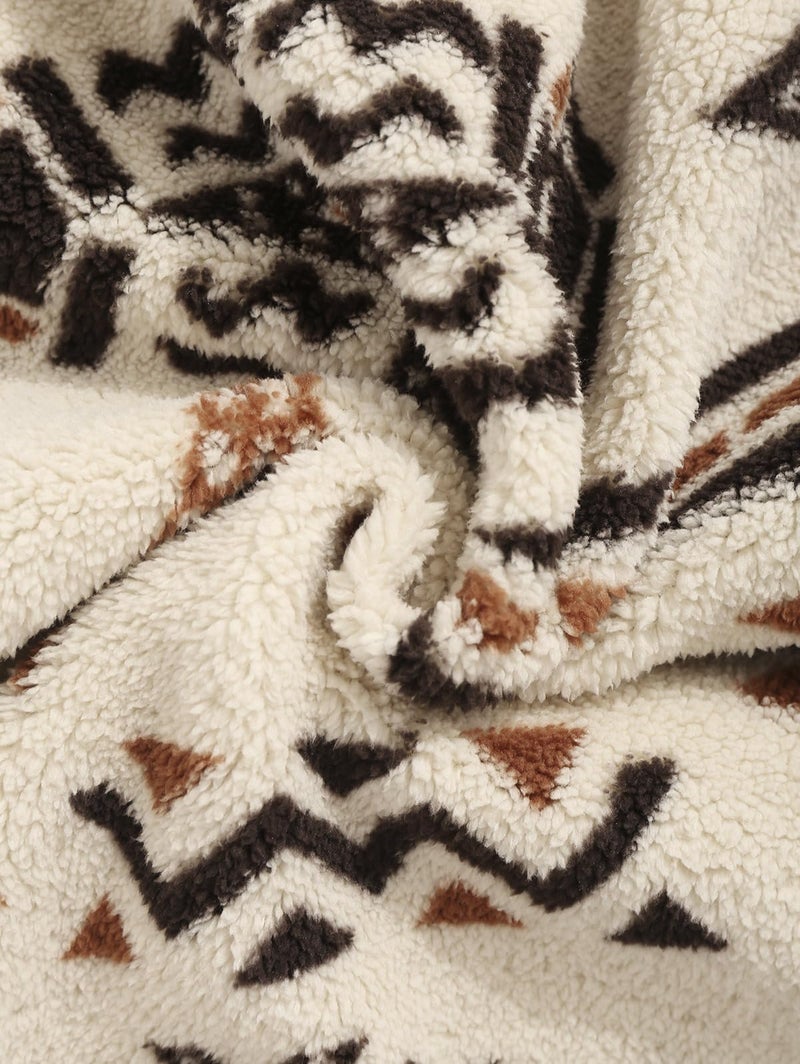 ZAFUL Mens Vintage Black Sweatshirt Quarter Zip Pullover with Pocket Oversized Fleece Unisex Western Aztec Faux Fur Sherpa Top (XL Beige) - Image 5