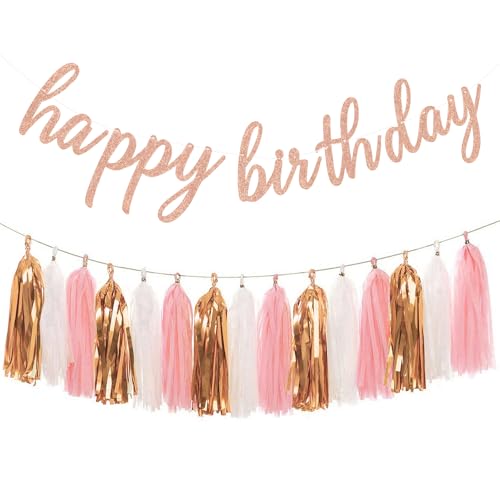 Aonor Rose Gold Happy Birthday Decorations Glittery Rose Gold Happy Birthday Banner and Tissue Paper Tassels Garland for Birthday Party Decorations - Image 1