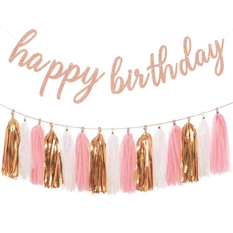 Aonor Rose Gold Happy Birthday Decorations Glittery Rose Gold Happy Birthday Banner and Tissue Paper Tassels Garland for Birthday Party Decorations - Image 3