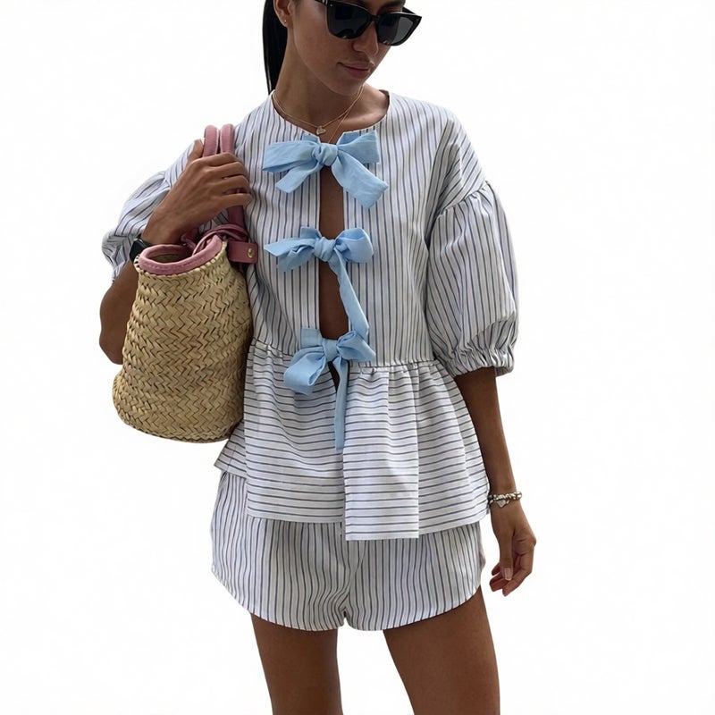 Women's Striped Casual Two-Piece Set Short Sleeve Top with Shorts - Image 1