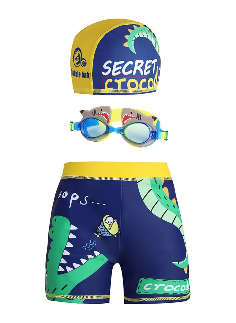AUTOYSUR 3 Piece Kids Swimsuit with glasses,Boy Swimsuit,Swimming Shorts,Swimming glasses with Cap,green  - Image 1