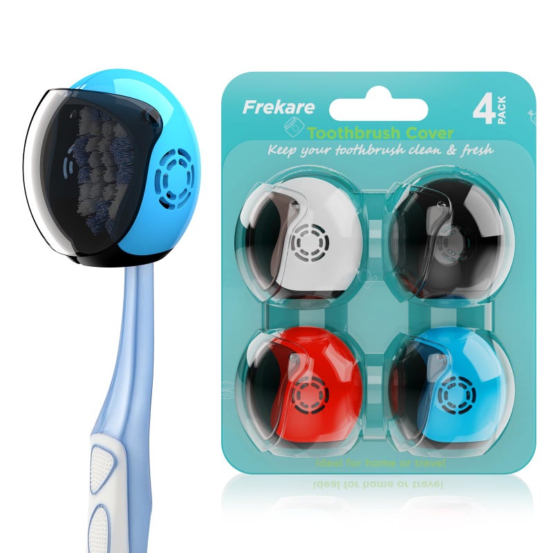 Frekare Helmet Toothbrush Covers Caps, Fits Most Manual and Electric Tooth Brushes, 4 Count (White, Black, Blue, Red) - Image 1