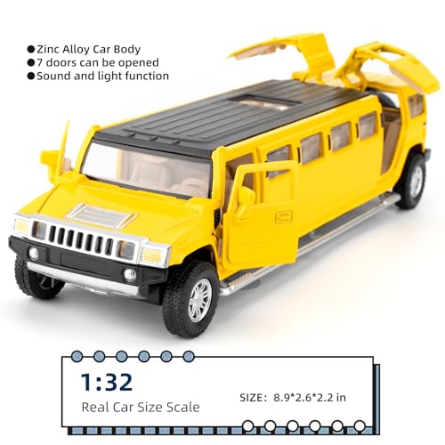 LOVEPOSELY 132 Hummer H2 Car Model Diecast Car Toy with Sound and Light Alloy Stretch Limousine Pull Back Toy Vehicle for Adult Kids Boys Girls Yellow - Image 5