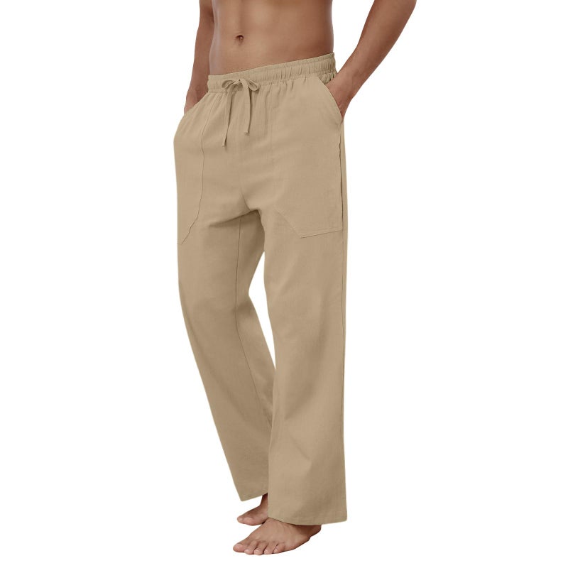 Puimentiua Cotton Linen Pants Men Casual Loose Fit Elastic Drawstring Waist Summer Beach Pants(Coffee,L) - Image 5