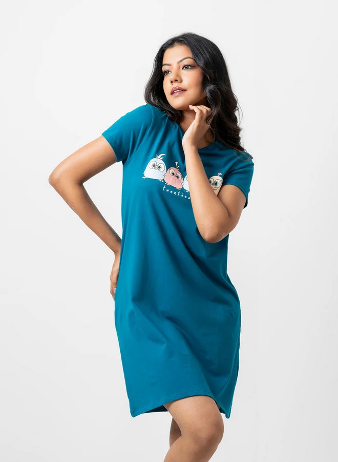 Aadaraya Aadaraya Slogan Print Sleepshirt with Crew Neck