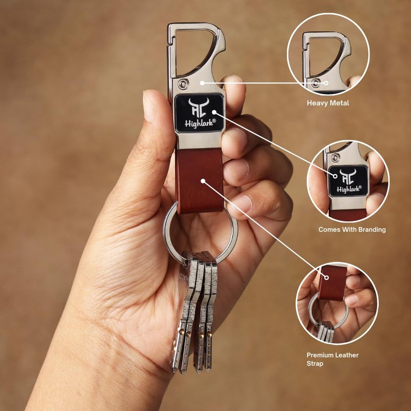 Highlark ® Luxury Metal & Leather Keychain |Modern Carabiner Hook |Premium Key Ring for Car, Bike, Office and Home Keys | Stylish Key Holder | Bottel opener keychain - Image 3