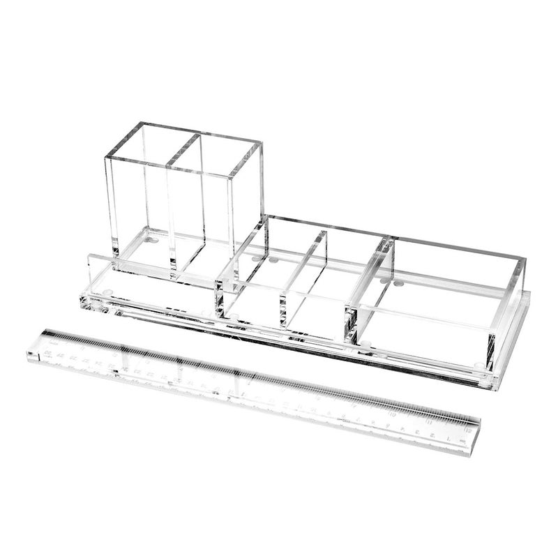 EXPUTRAN Clear Acrylic Desk Organizer 4Piece Desk Kit Free Complimentary Acrylic Ruler Desktop Organization for Office or Home