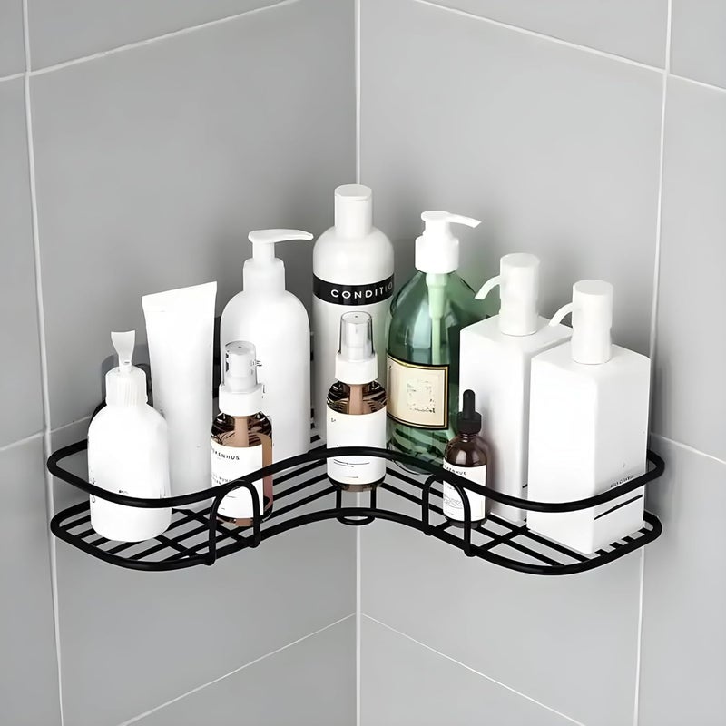 Bathroom Organiser Without Drill Corner Shelf Adhesive Stand for Corner Rack for Shampoo Holder for Accessories-Multipurpose Shelf (1 Pcs), Metal - Image 1