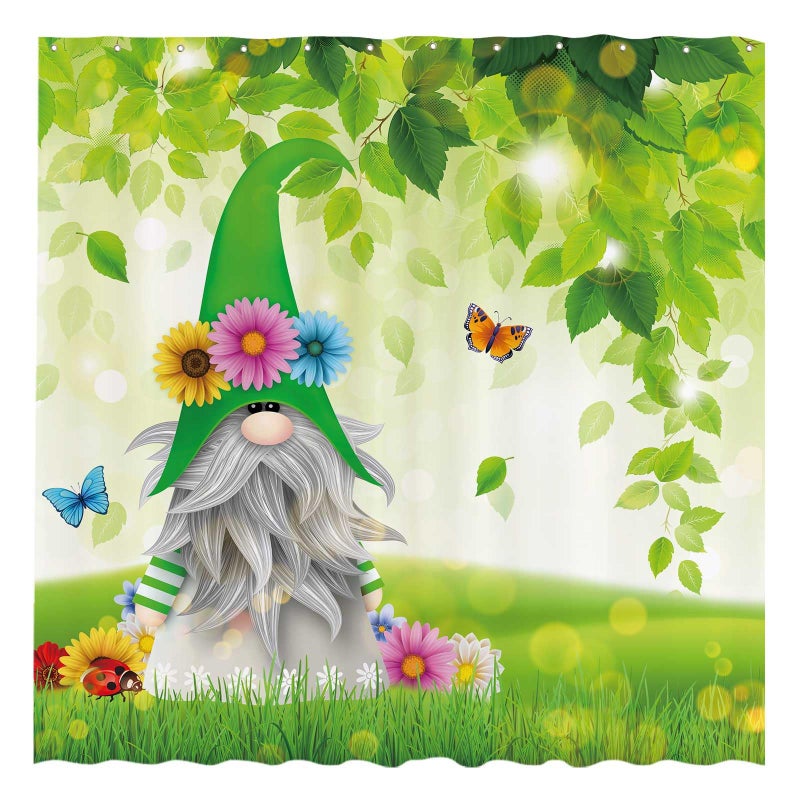 Funnytree 72x72 Spring Gnomes Green Leaves Butterfly Flower Grass Home Bathtubs Shower Curtain for Bathroom Decor Machine Washable Hooks Not Included