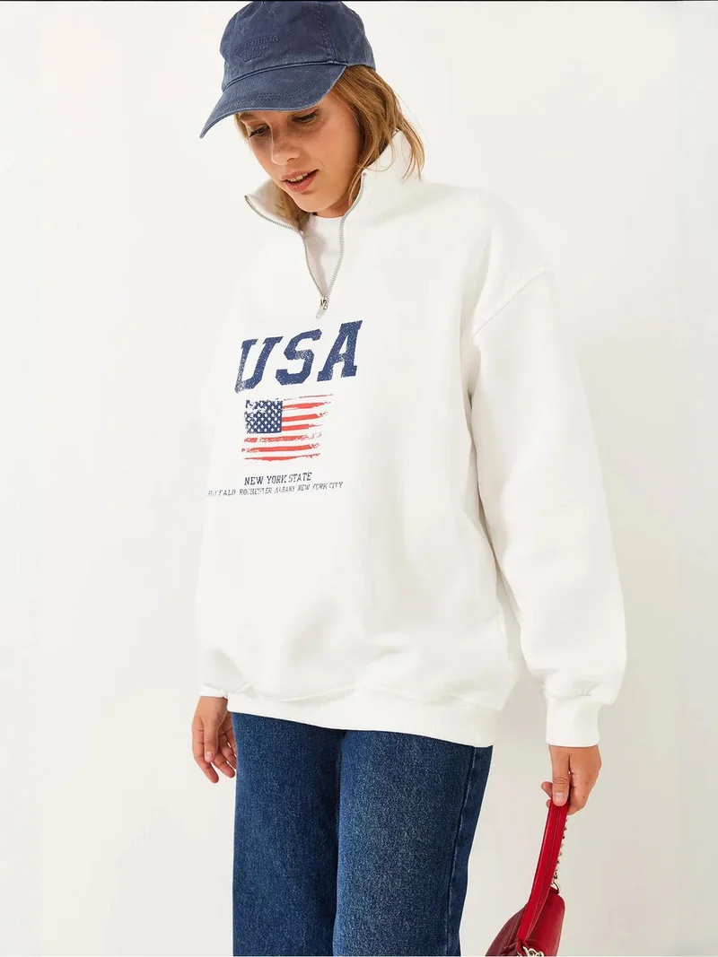 Bianco Lucci White LUCCI Zip-Up Printed Sweatshirt for Women | Best Price UAE
