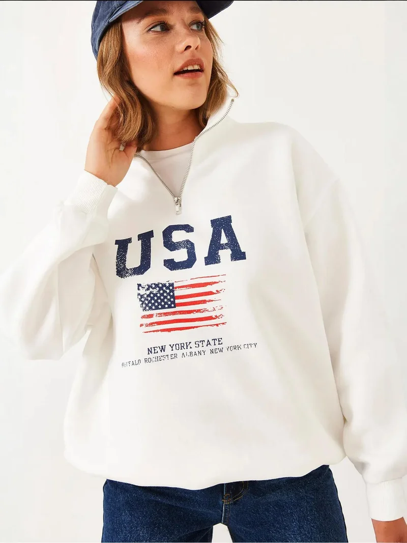 Bianco Lucci LUCCI Zip-Up Printed Sweatshirt