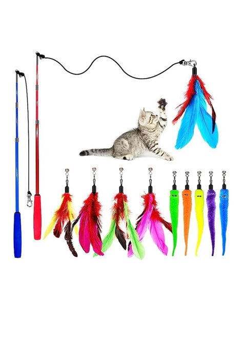 Cat Feather Toys 12 Packs, 2 PCS Retractable Cat Wand Toys and 10 PCS Replacement Refills with Bell, Interactive Cat Toys for Cat Exercise