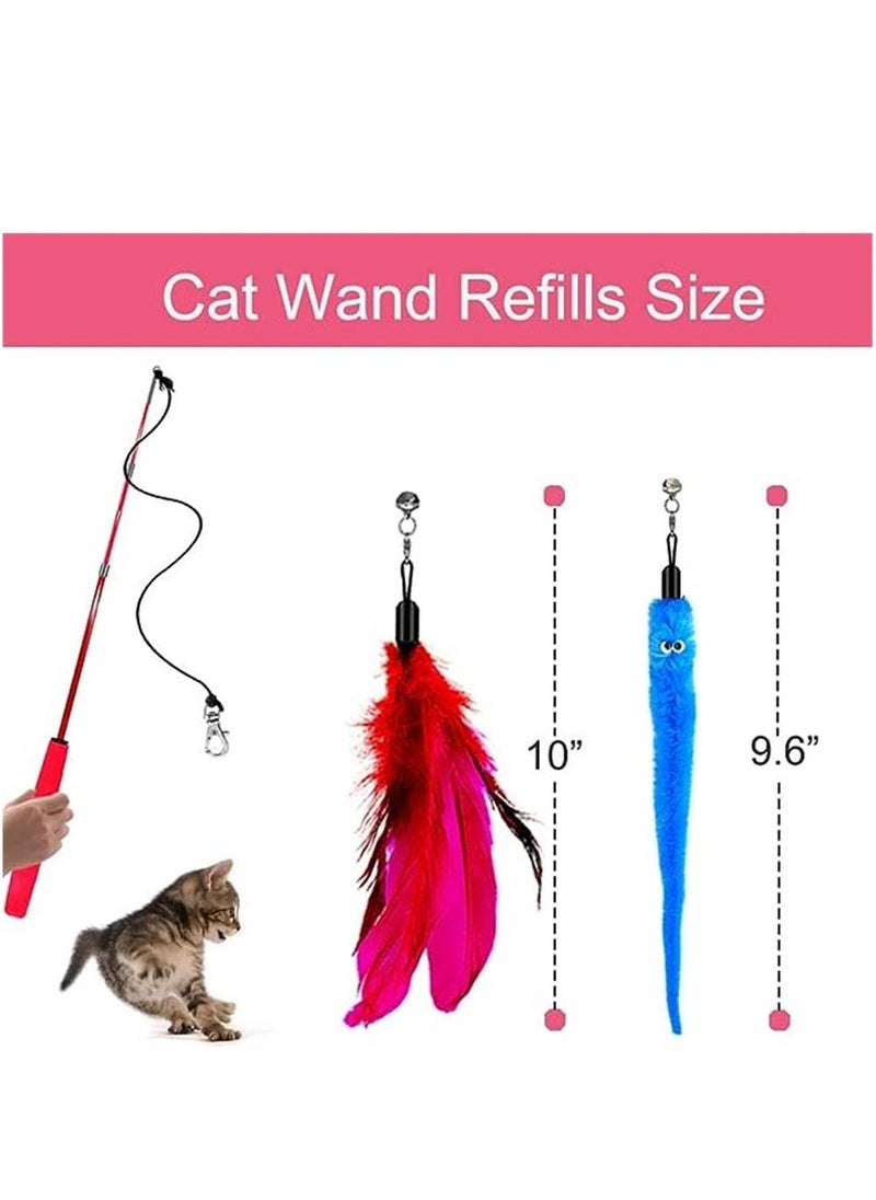 Cat Feather Toys 12 Packs, 2 PCS Retractable Cat Wand Toys and 10 PCS Replacement Refills with Bell, Interactive Cat Toys for Cat Exercise