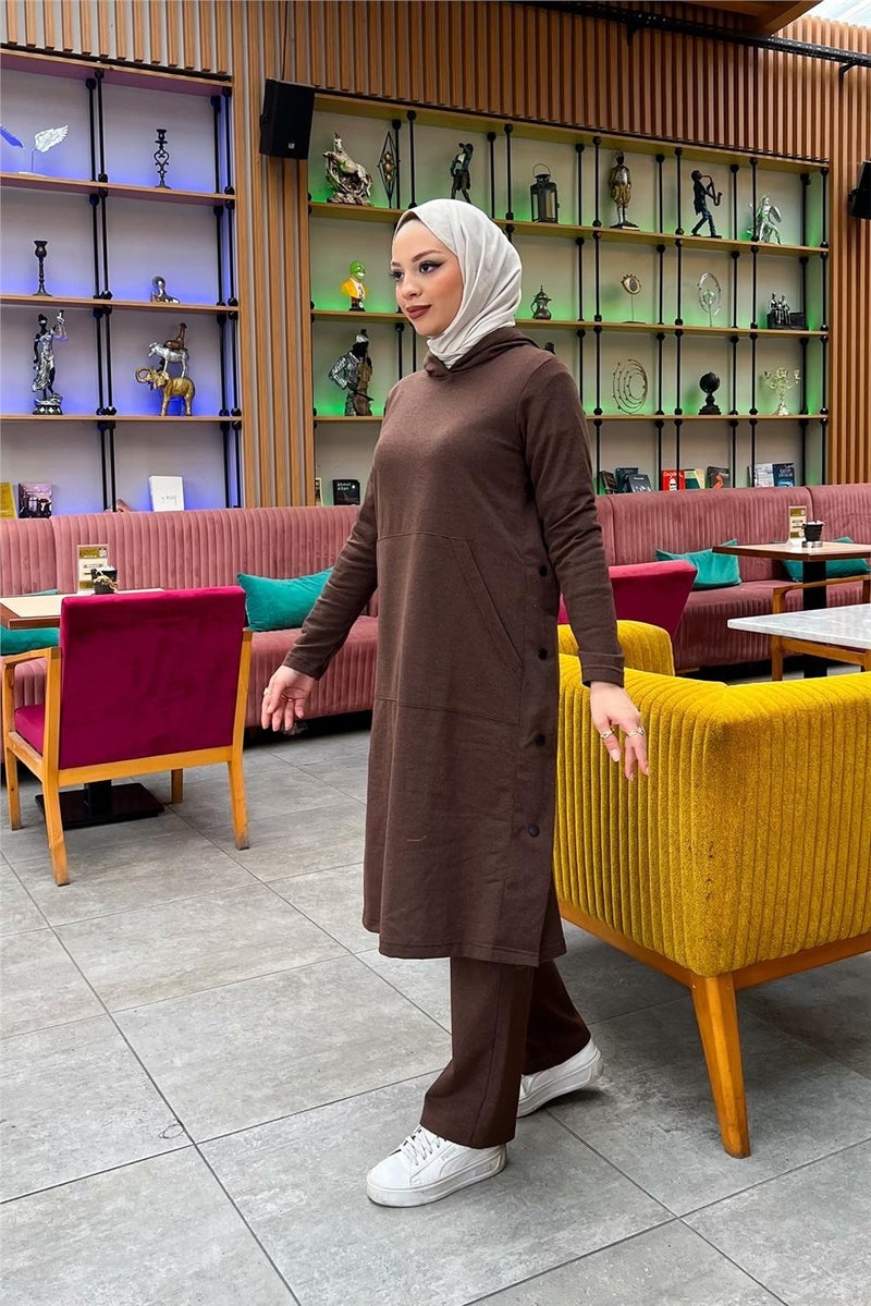 Sevda Hooded Side Snap Plain Basic Long Tunic and Trousers Double Sports Suit - 03071 - Brown - Image 1
