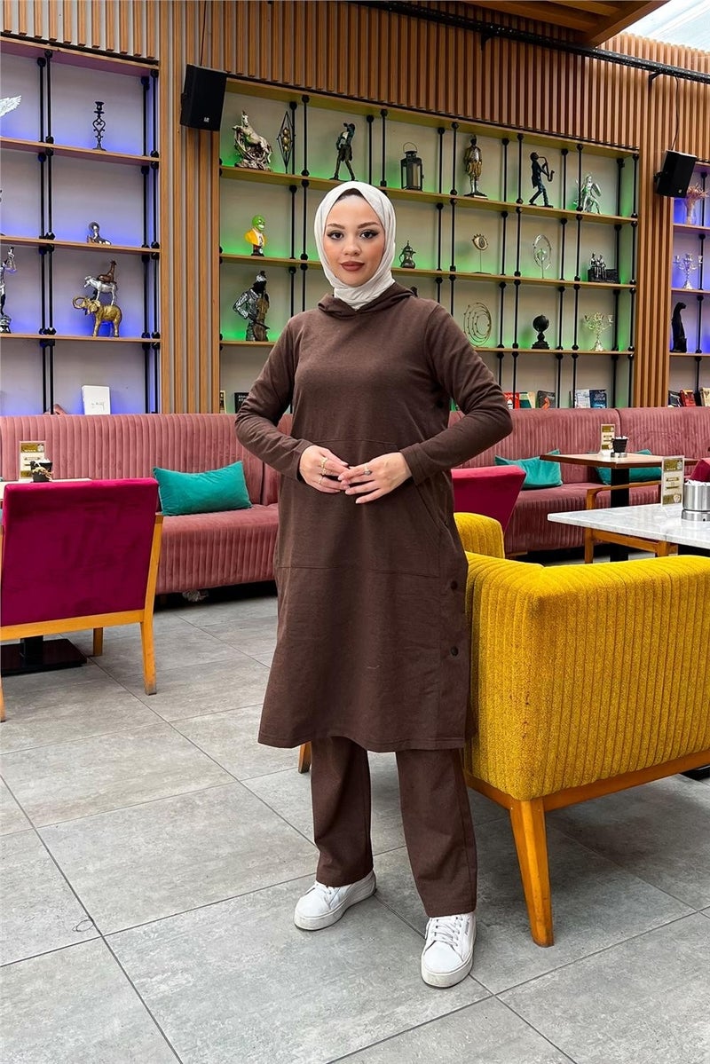 Sevda Hooded Side Snap Plain Basic Long Tunic and Trousers Double Sports Suit - 03071 - Brown - Image 5