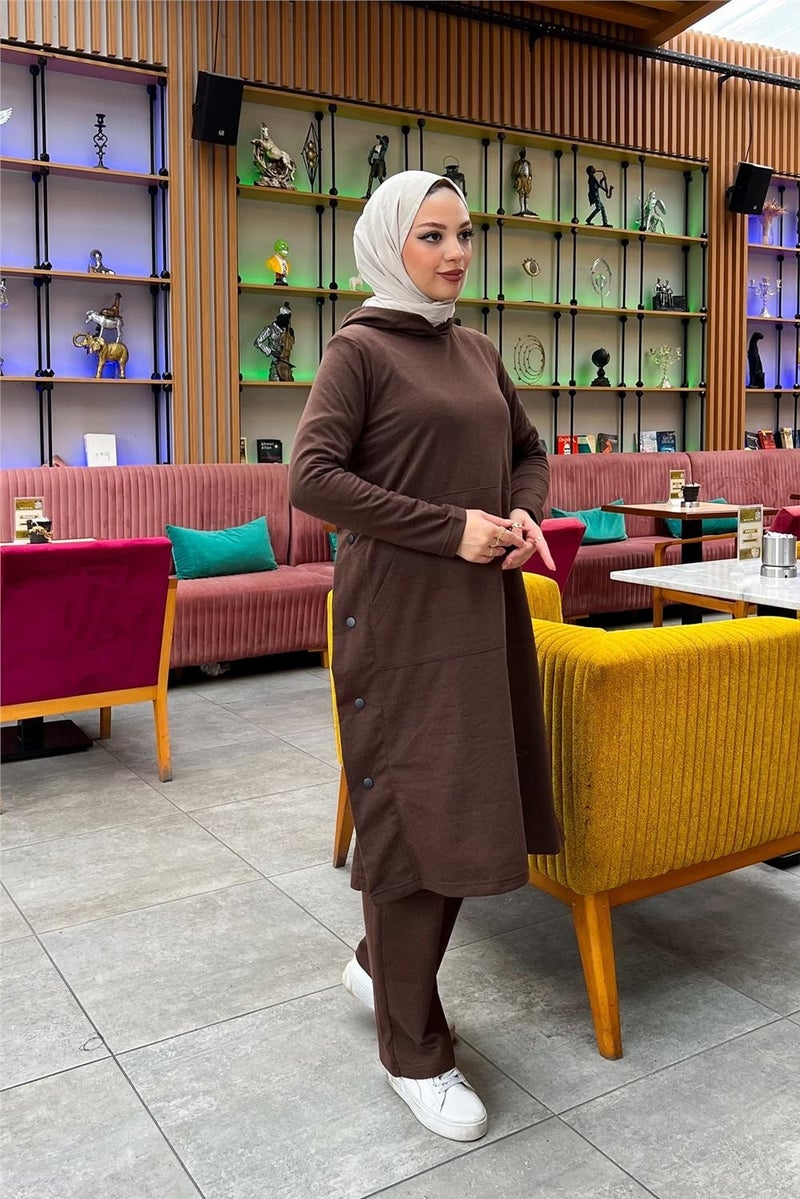 Sevda Hooded Side Snap Plain Basic Long Tunic and Trousers Double Sports Suit - 03071 - Brown - Image 3