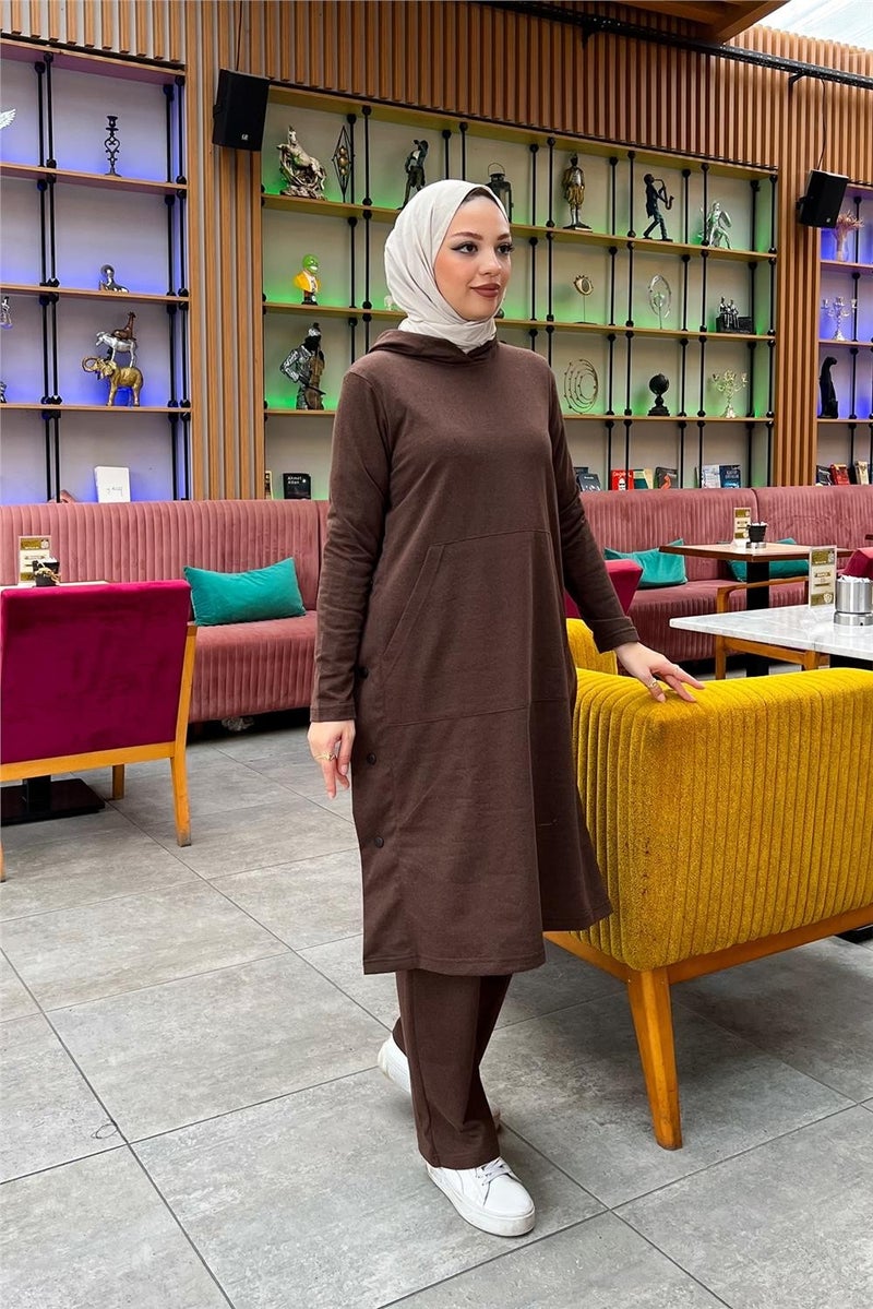 Sevda Hooded Side Snap Plain Basic Long Tunic and Trousers Double Sports Suit - 03071 - Brown - Image 2
