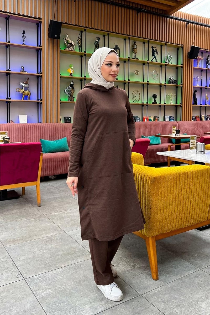 Sevda Hooded Side Snap Plain Basic Long Tunic and Trousers Double Sports Suit - 03071 - Brown - Image 4