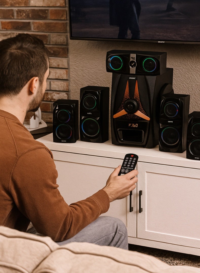 آي سونيك نظام مكبرات صوت المسرح المنزلي IS460 بـ 5.1 قناة مع مخرج 25,000 PMPO، واتصال بلوتوث، ودعم USB/SD/FM، وشاشة LED، وجهاز تحكم عن بُعد - صوت محيطي للترفيه المنزلي - Image 2