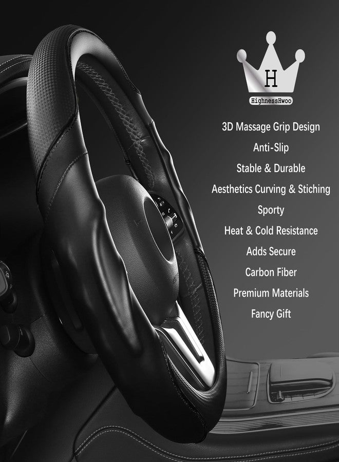 HighnessHwoo 3D Car Steering Wheel Cover Comfort Grip Massage Sporty Anti-Slip Carbon Fiber Faux Leather for Sedan SUV, Universal Fit, Car Handle Covers for All Seasons, 14-15in, Black - Image 4