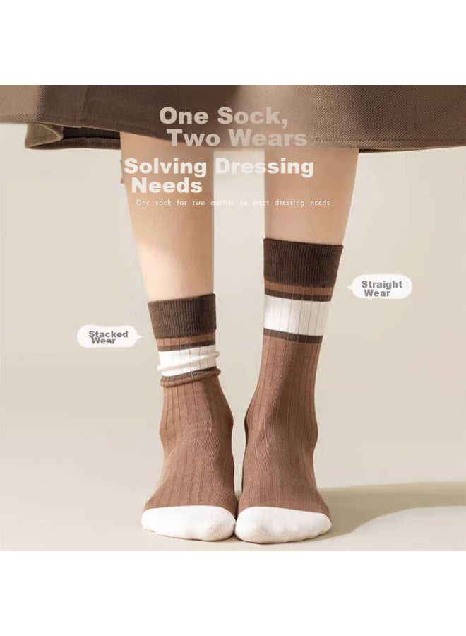 Bejirog Zhujie Women's Mid-calf Socks, Spring And Autumn Women's Socks, Retro Striped Maillard Style Slouch Socks, Long Socks, 8 Pairs - Image 2