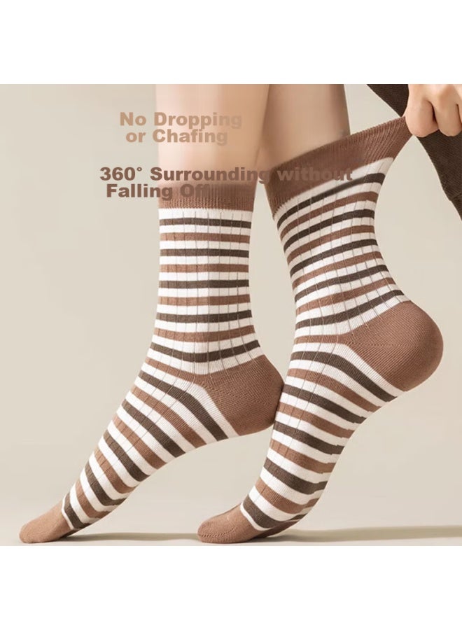 Bejirog Zhujie Women's Mid-calf Socks, Spring And Autumn Women's Socks, Retro Striped Maillard Style Slouch Socks, Long Socks, 8 Pairs - Image 3
