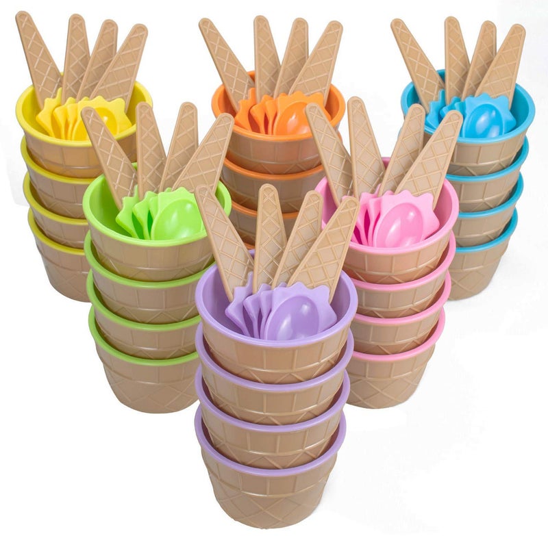 Lawei 24 Pack Plastic Ice Cream Cups with Spoons Reusable Plastic ice cream bowls Cartoon Candy Color Cute Ice Cream Dessert Bowls Set for Sundae Frozen Yogurt Summer Holiday Parties 6 Colors