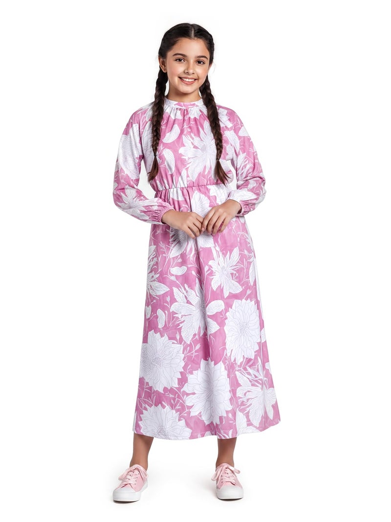 HELLCAT Girls Floral Printed Pink Casual Midi Dress for 11-16 Years | Western A-Line Midi Dress for Girls | Girls Stylish Full Sleeve Dress_Pink_11-12 Years - Image 1