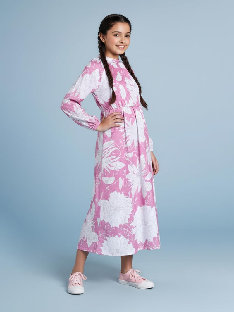 HELLCAT Girls Floral Printed Pink Casual Midi Dress for 11-16 Years | Western A-Line Midi Dress for Girls | Girls Stylish Full Sleeve Dress_Pink_11-12 Years - Image 5