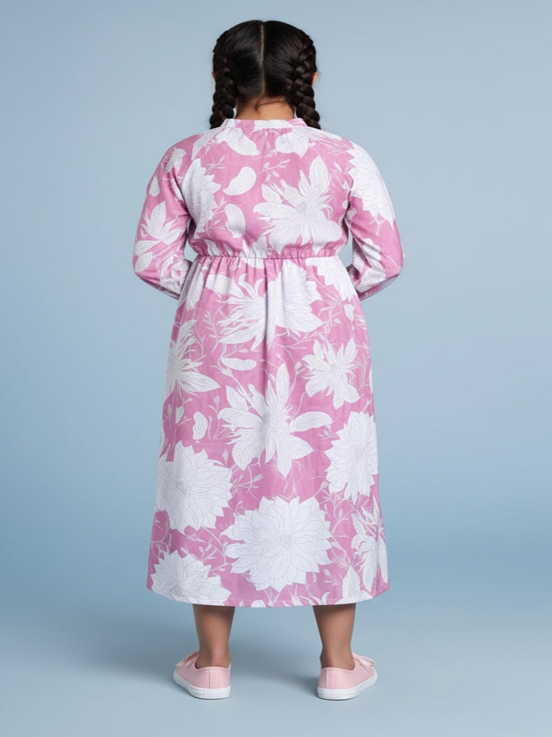 HELLCAT Girls Floral Printed Pink Casual Midi Dress for 11-16 Years | Western A-Line Midi Dress for Girls | Girls Stylish Full Sleeve Dress_Pink_11-12 Years - Image 4