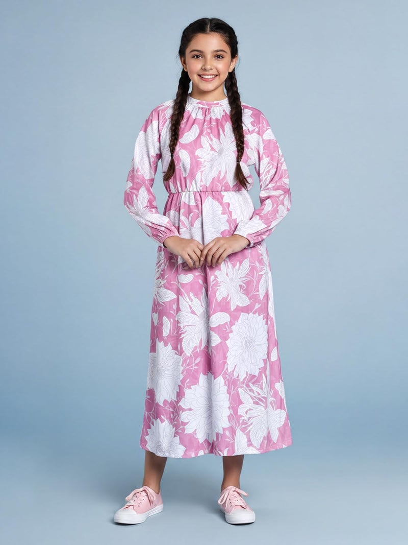 HELLCAT Girls Floral Printed Pink Casual Midi Dress for 11-16 Years | Western A-Line Midi Dress for Girls | Girls Stylish Full Sleeve Dress_Pink_11-12 Years - Image 2