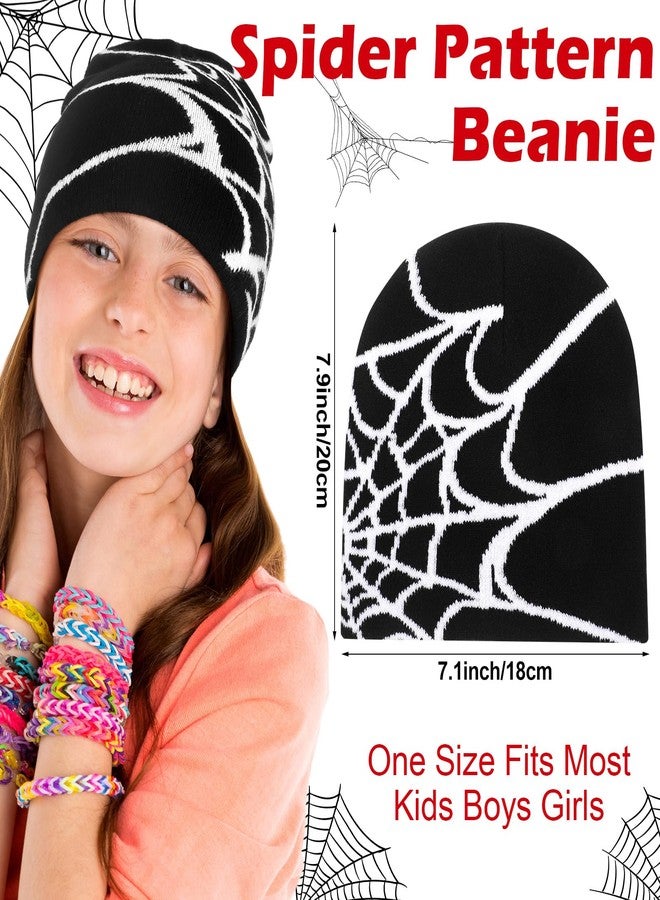 Silicherry 4 Pcs Winter Beanie Hat for Kids Y2k Hat Winter Warm Acrylic Knitted Gothic Spider Web Beanie for Kids Boys Girls Outdoor Ski - Image 2