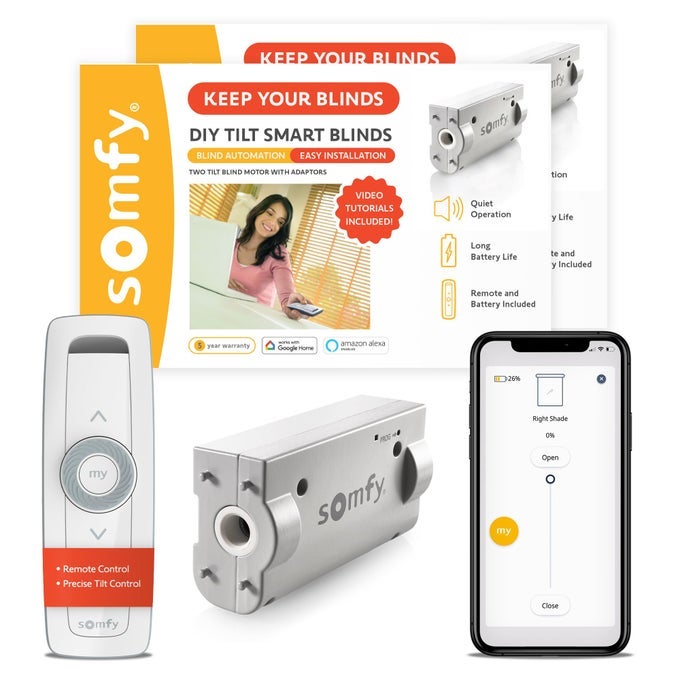 CLEVER TILT BLIND MOTOR KIT 2 PACK FITS YOUR EXISTING 2 HORIZONTAL BLINDS SMART BLINDS FOR SECURITY GLARE NATURAL LIGHT AUTOMATIC BLINDS OPENER INCLUDES REMOTE MOTOR AND CHARGER